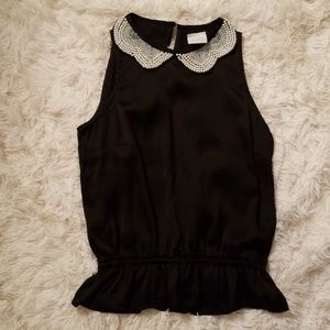 🍋Sheer silky black pearl beaded peplum tank